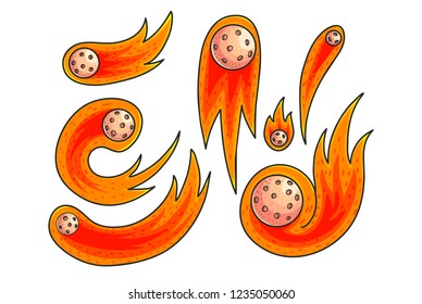 Comets hand drawn color illustrations set. Doodle astronomical phenomena. Cartoon asteroids, meteors, meteorites on fire. Space. Cosmic collection. Astronomy for kid isolated vector design elements