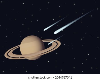 Cometas para golpear el planeta Saturno en el vector de fondo espacial