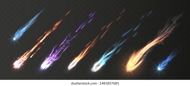 Comets and meteorite set. Vector realistic meteors and fireballs with fire trails. Meteor rain vector elements