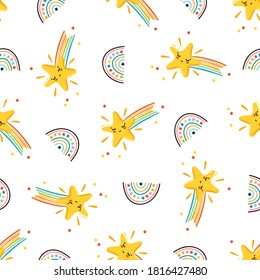 Cometas y arcoiris. Patrón sin problemas del vector estrella de disparo. Starry Sky Colorful Background of Kawaii Falling Stars. Impresión de camisetas, guardería, ducha para bebés, vacaciones o diseño de fiesta de cumpleaños para niños