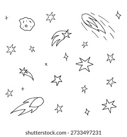 Comets and Stars Doodle Set – Cute Hand Drawn Space Elements.

Cute hand drawn space doodles with comets, shooting stars and small star elements. Outline cartoon vector perfect for kids design, nursery prints, patterns and stickers.