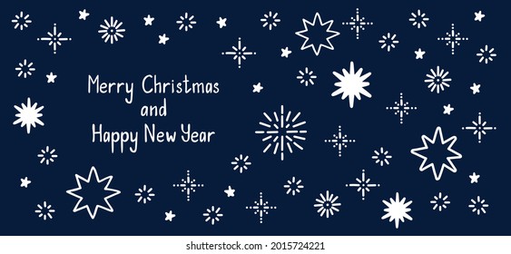 Comets and Stars Hand Drawn Doodle Background. Merry Christmas and Happy New Year Quote Lettering. Star and comets in space frame banner for web and print