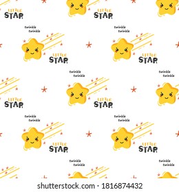 Comets. Yellow Cute Kawaii Falling Stars. Twinkle Twinkle Little Star Vector Seamless Pattern. Nursery, Baby Shower, Holiday or Birthday Party Design for Kids
