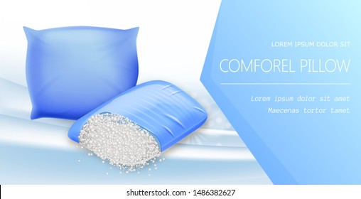 Comforel Pillow Horizontal Banner, Resilient Materials for Excellent Night Sleep. Fiber Puffs Provide Plush, Lofty Support, Hypoallergenic and Antimicrobial Protection Realistic 3d Vector Illustration