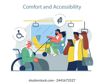 Comfort and Accessibility concept. Diverse passengers using inclusive public transit features. Enhancing urban travel for all.