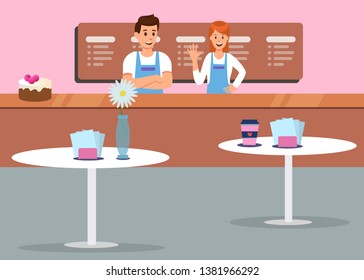 Comfort Cafe Interior Price Menu and Professional Service Flat Banner Vector Affable Smiling Male Female Sellers Waitress Barmen Standing behind Bar Counter Illustration Served Tables Flower Napkins