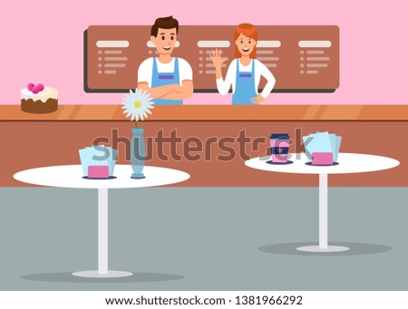 Comfort Cafe Interior Price Menu and Professional Service Flat Banner Vector Affable Smiling Male Female Sellers Waitress Barmen Standing behind Bar Counter Illustration Served Tables Flower Napkins