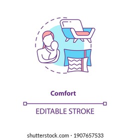 Comfort concept icon. Introducing baby food requirements. Breastfeeding tips. Best position for feeding baby idea thin line illustration. Vector isolated outline RGB color drawing. Editable stroke