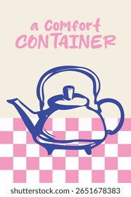 Comfort container-themed blue teapot placed over a checkered ground—ideal for home décor.