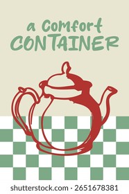 Comfort container-themed red teapot over bold checkers. Perfect for vibrant kitchen settings.