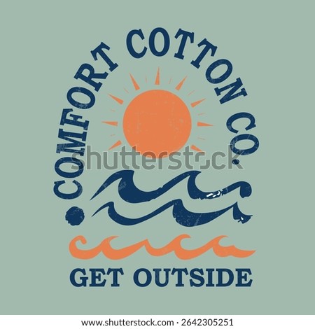  Comfort Cotton Co. Outdoor Sunset Graphic Design.
Retro-style cotton brand logo with ocean wave and sunset, great for outdoorsy apparel and nature-themed branding.