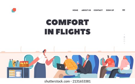 Comfort in Flights Landing Page Template. Stewardess with Trolley Serving People in Airplane. Crew and Passenger Characters in Plane. Airline Transportation Service. Cartoon Vector Illustration