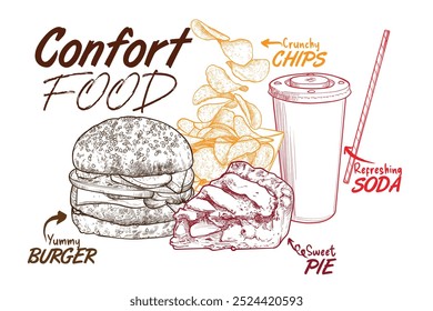 Comfort food design with side view burger, pie slice, soda can with straw, chips, crisps. Hand drawn vector food assets with outline and fill grouped separate. 