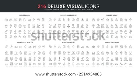 Comfort home smart system, electric appliances of kitchen and household devices line icon set. Temperature and fire control indicators, access and lock thin black outline symbols vector illustration