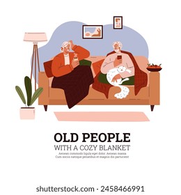 Comodidad en casa. Ilustración vectorial de una pareja de ancianos con una manta cálida, disfrutando de un momento de paz en el sofá con su mascota.