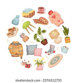 Comfort and Hygge Autumn Round Composition Design Vector Template