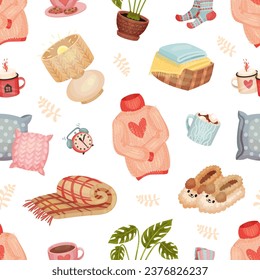 Comfort and Hygge Autumn Seamless Pattern Design Vector Template
