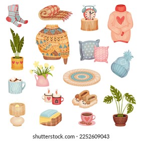 Comfort and Hygge Objects for Cold Autumn and Winter Season Big Vector Set