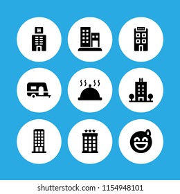 comfort icon. 9 comfort set with relieved, eat, apartment and caravan vector icons for web and mobile app
