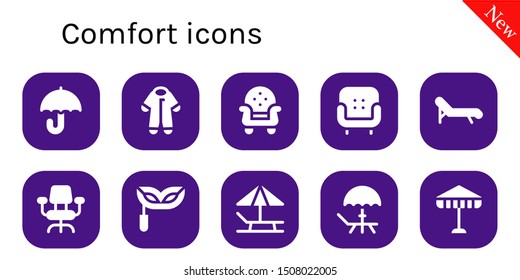 comfort icon set. 10 filled comfort icons.  Collection Of - Umbrella, Pijama, Armchair, Deck chair, Desk chair, Eye mask, Sunbed, Deck icons
