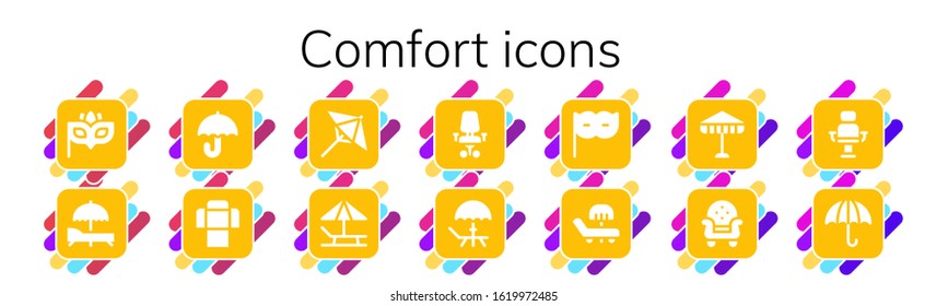 comfort icon set. 14 filled comfort icons. Included Eye mask, Sunbed, Umbrella, Sofa, Desk chair, Deck, Armchair icons
