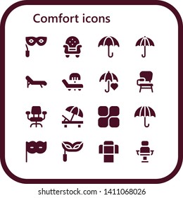 comfort icon set. 16 filled comfort icons.  Collection Of - Eye mask, Armchair, Umbrella, Deck chair, Sunbed, Desk chair, Mozy, Sofa