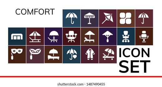 comfort icon set. 19 filled comfort icons.  Collection Of - Umbrella, Sofa, Eye mask, Sunbed, Pijama, Deck, Desk chair, Office chair, Armchair, Mozy