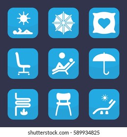 comfort icon. Set of 9 filled comfort icons such as pillow with heart on it, sunbed, office chair, chair, heating system, man laying in sun, man laying in the sun
