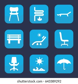Comfort icon. set of 9 filled comfort icons such as sunbed, bench, office chair, chair, umbrella, heating system