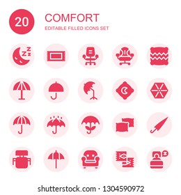 comfort icon set. Collection of 20 filled comfort icons included Sleep, Rug, Desk chair, Pillow, Umbrella, Pillows, Armchair