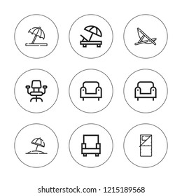 Comfort icon set. collection of 9 outline comfort icons with armchair, desk chair, lounger, sleeping bag, umbrella icons. editable icons.