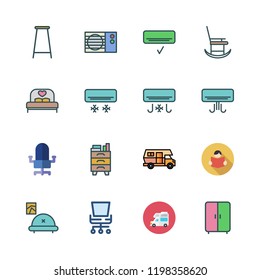 comfort icon set. vector set about wardrobe, rocking chair, bed and bar stool icons set.