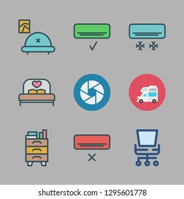 comfort icon set. vector set about office chair, livingroom, bed and caravan icons set.