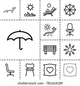 Comfort icons. set of 13 editable outline comfort icons such as pillow with heart on it, sunbed, bench, office chair, chair, umbrella, man laying in sun