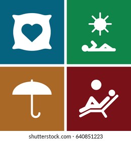 Comfort icons set. set of 4 comfort filled icons such as pillow with heart on it, man laying in sun, man laying in the sun
