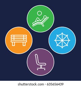 Comfort icons set. set of 4 comfort outline icons such as bench, office chair, man laying in the sun