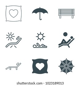 Comfort icons. set of 9 editable filled and outline comfort icons such as pillow with heart on it, umbrella, man laying in the sun, sunbed, man laying in sun
