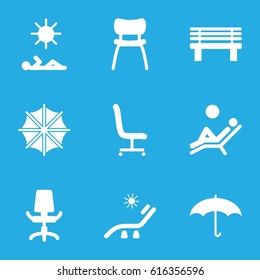 Comfort icons set. set of 9 comfort filled icons such as sunbed, bench, office chair, chair, umbrella, man laying in sun