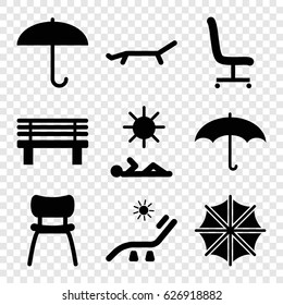 Comfort icons set. set of 9 comfort filled icons such as sunbed, bench, office chair, chair, umbrella