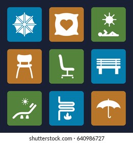 Comfort icons set. set of 9 comfort filled icons such as pillow with heart on it, sunbed, bench, office chair, chair, umbrella, heating system