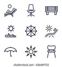 Comfort icons set. set of 9 comfort outline icons such as sunbed, bench, office chair, chair, umbrella, man laying in sun