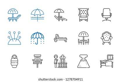 comfort icons set. Collection of comfort with sleep, geyser, office chair, sleeping bag, armchair, umbrella, deck chair, cushion, desk chair. Editable and scalable comfort icons.