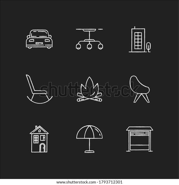 Comfort living chalk white icons set on\
black background. Car in front side. Tall building. Rocking chair.\
Fireplace for apartment. Comfortable armchair. Isolated vector\
chalkboard\
illustrations