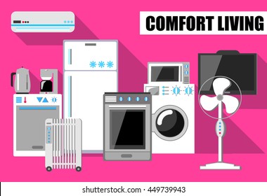 Comfort living vector illustration in flat style with house appliances. Set of house appliances icons. Flat vector kitchen. Home electronics white and grey vector image on pink background