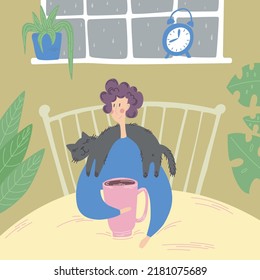 Comfort, rest, cozy relaxation with cat and hot tea in bed at home concept. Hand drawn vector.