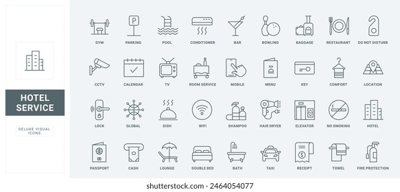 Comfort room and bed of resort and hostel, reception information and key, taxi and swimming pool thin black and red outline symbols, vector illustration. Hotel service, hospitality line icons set