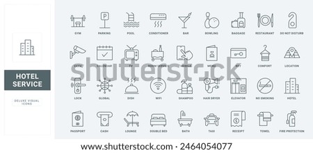 Comfort room and bed of resort and hostel, reception information and key, taxi and swimming pool thin black and red outline symbols, vector illustration. Hotel service, hospitality line icons set
