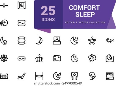 Comfort sleep icon set. Related to bed, pillow, sleepy, day dreaming, night and more icons. Minimalist thin linear web ui icon set. Simple editable vector stroke illustration.