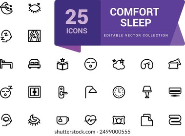 Comfort sleep icon set. Related to bed, pillow, sleepy, day dreaming, night and more icons. Minimalist thin linear web ui icon set. Simple editable vector stroke illustration.