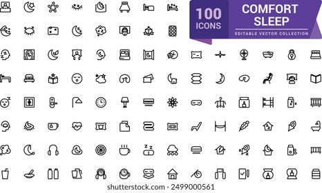 Comfort sleep icon set. Related to bed, pillow, sleepy, day dreaming, night and more icons. Minimalist thin linear web ui icon set. Simple editable vector stroke illustration.